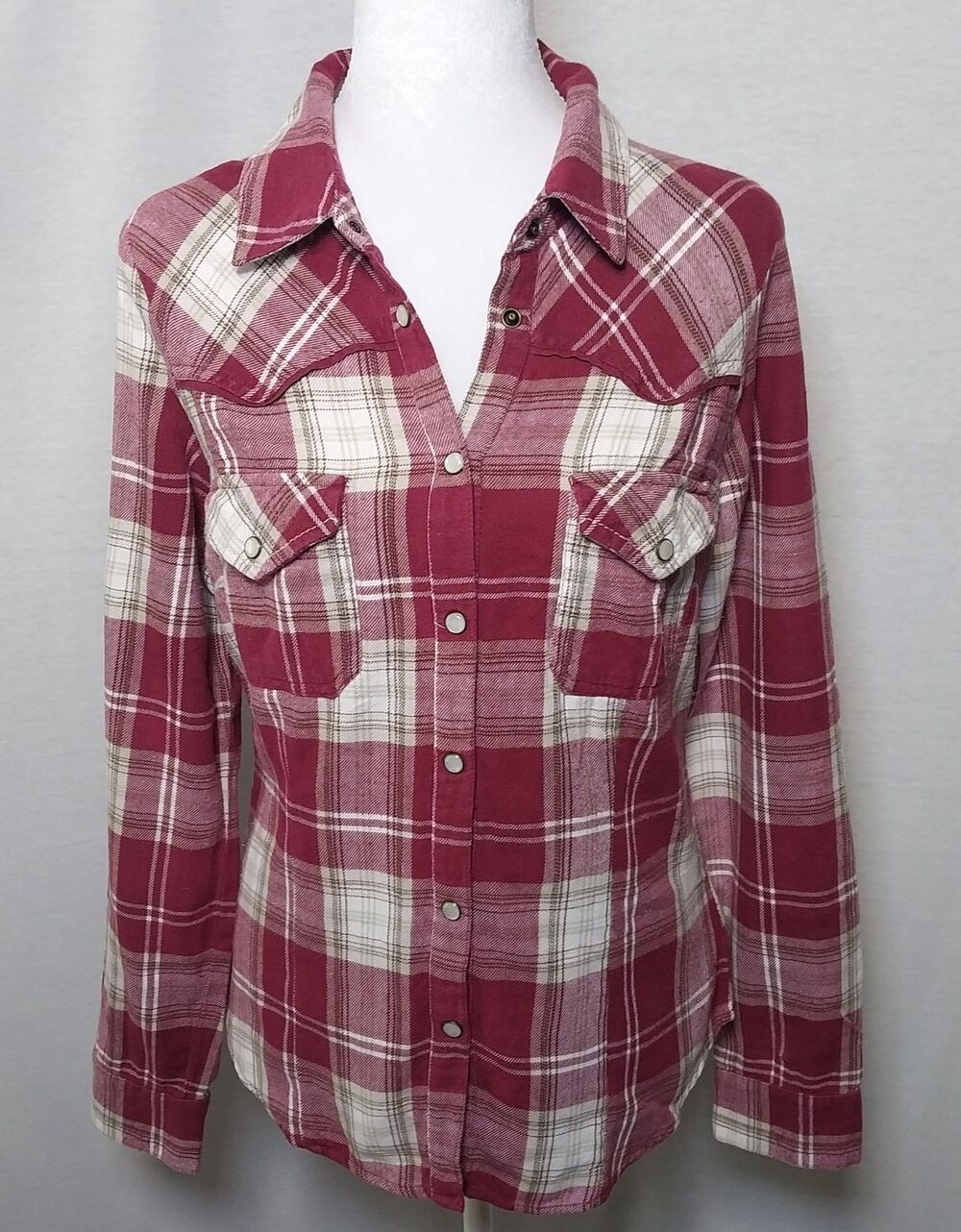 Decree Women’s Red White Plaid Flannel Pearl Snaps Button Up Shirt Long Sleeve